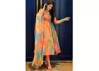 Buy Multicolor Printed Organza Silk Anarkali Dress With Belt